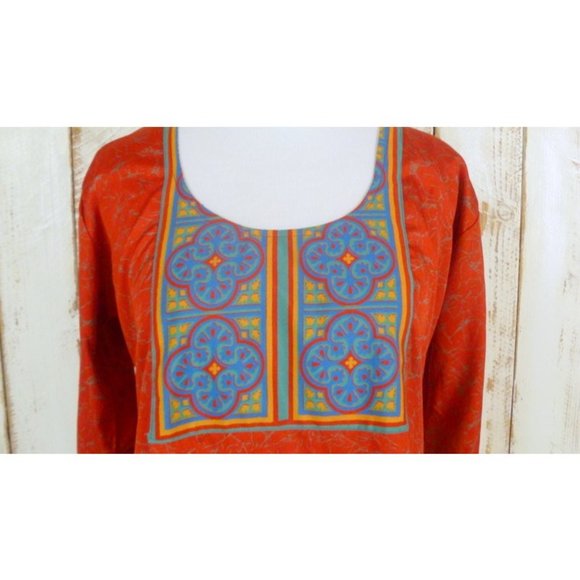 Vintage red silk blend Indian print long tunic blouse - Picture 2 of 4